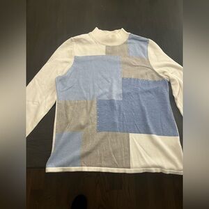 Alia Women's Medium Long Sleeve Colour block Blue, White Grey Rhinestone sweater